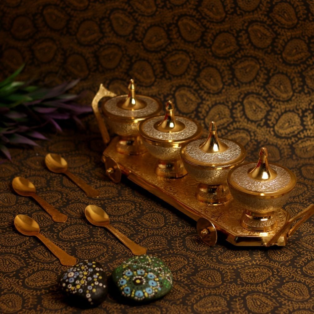 Brass Tea Caddy with Four Bowls and Spoons