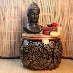 Wooden and Iron Storage Stool – 19 ′′ Round Ottoman for Festive Decor