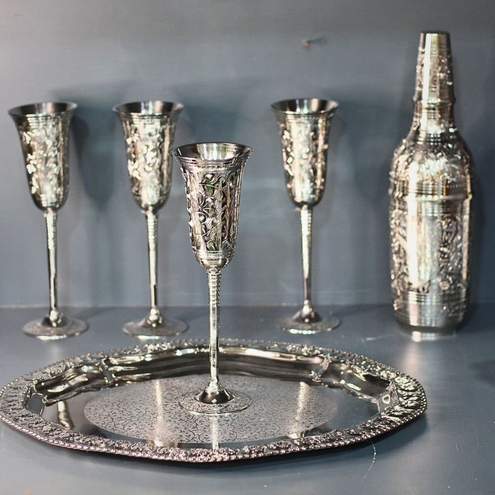 Brass Silver Wine Bottle Set W/4 Glass - Image 2