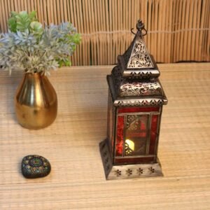 Red Glass Iron Lantern – 15 ′′ Antique Silver Festive Decor Lamp