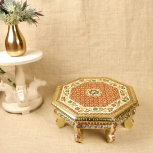 Hand-Painted Octagonal Wooden Chowki | Multi-Color Festive Decor & Puja Table