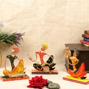 Set of 3 Sitting Metal Musician Figurines | Hand-Painted Indian Folk Art Decor