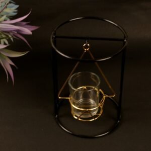 Modern Geometric Iron Tea Light Holder – 7  ′′   Black and Gold Metal Decor