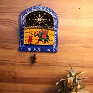 Hand-Painted Wooden Key Holder – 11 ′′ Rajasthani Folk Art Wall Organizer