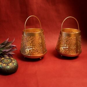 Set of 2 Golden Metal Tea Light Lanterns – 4.5 ′′ Decorative Votive Holders