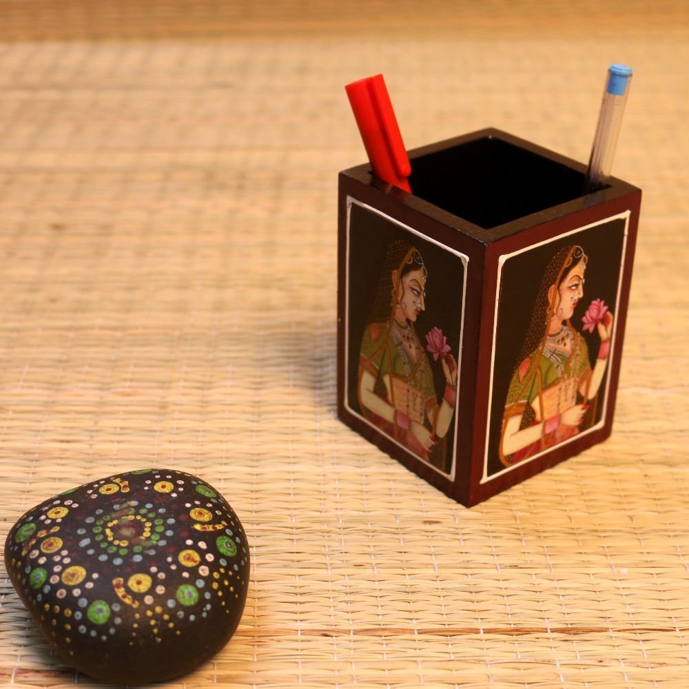 Handcrafted Wooden Pen Holder with Intricate Design - Image 2