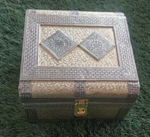 Ornate Metal Inlay Square Wooden Dry Fruit / Jewellry Box | Handmade Indian Gift