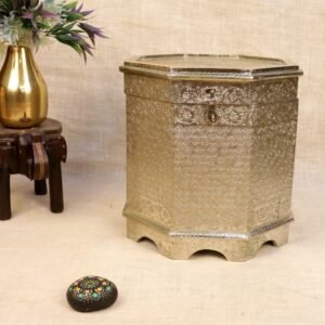 Octagonal Wooden & Embossed Steel Storage Trunk (16 Inch) | Vintage Home Decor & Keepsake Box