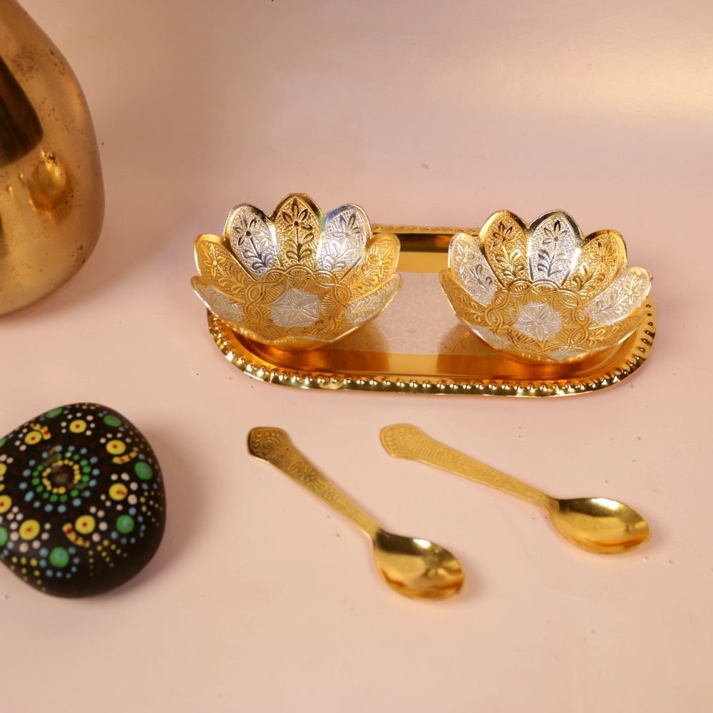 Gold-Plated Lotus Diya Bowl Set - Image 3