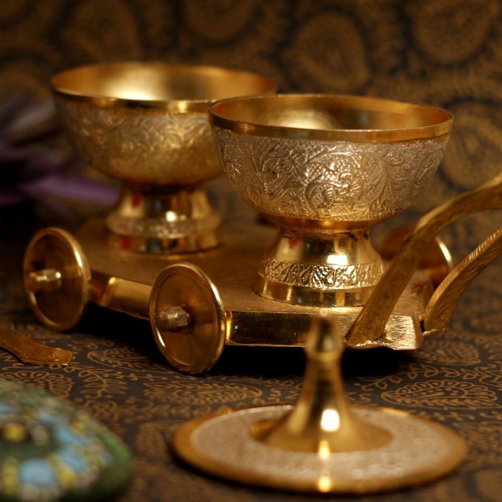 Brass Tea Caddy with Two Bowls and Spoons - Image 4