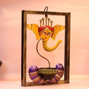 Hand-Painted Ganesha Wall Decor – 12 ′′ Framed Iron Diya for Auspicious Gifting