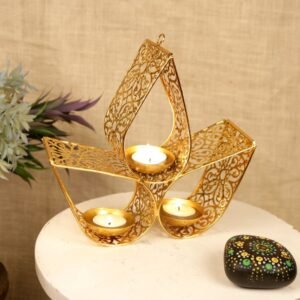 Golden Ribbon Tea Light Holder – Triple-Cup Iron Lamp for Abstract Festive Decor