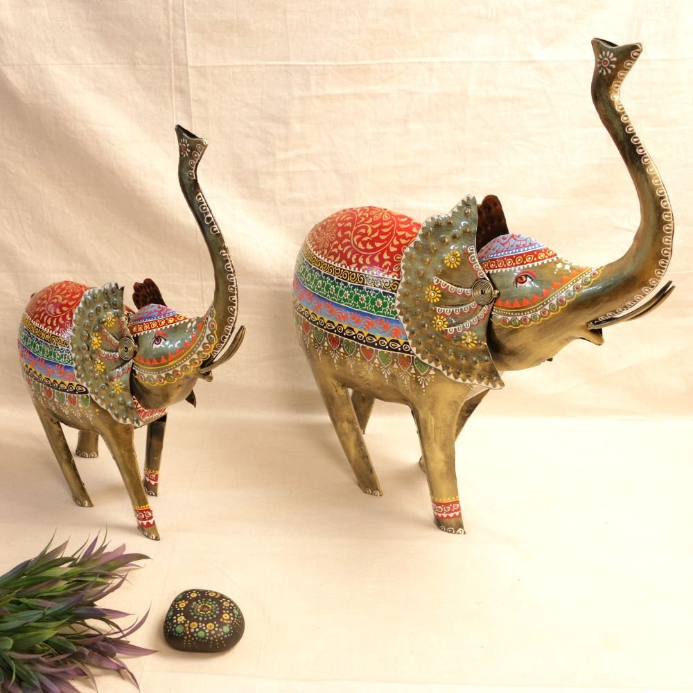 Set of 2 Hand-Painted Iron Elephant Figurines | Majestic Festive Decor Gift