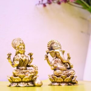 Auspicious Brass Lakshmi Ganesh Idol Set (Lotus Base) | Diwali Puja God Idols & Religious Gift