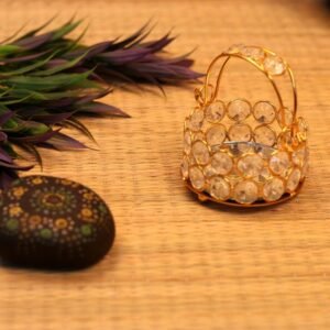 Crystal Basket Tea Light Holder – 2.5 ′′ Gold Festive Accent for Diwali Decor