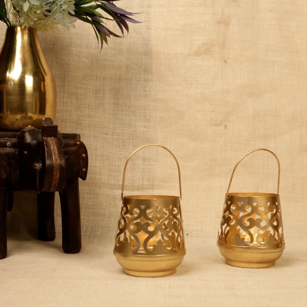 Set of 2 Golden Hanging T-Light Lanterns | Decorative Votive Candle Holders |Diwali Decor | Diwali Gift - Image 2