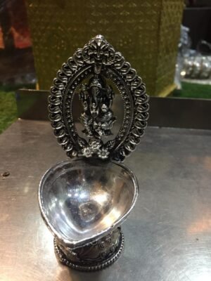 Ornate Silver Ganesha Diya - Traditional Indian Lamp for Worship and Festive Decor