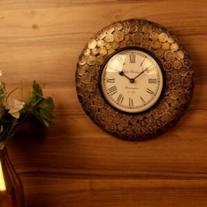 Vintage Coin Motif Iron Wall Clock (12-Inch Diameter) | Rustic Gold Home Decor