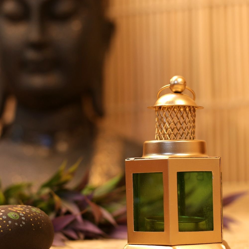 Mini Metal and Glass Lantern - 4.5 ′′ Green and Gold Tea Light Lamp - Image 3