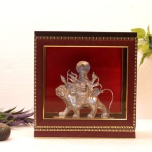 Framed Metal Goddess Durga on Lion Idol 10 in | Divine Protection Showpiece