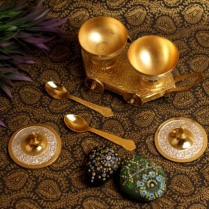 Brass Tea Caddy with Two Bowls and Spoons