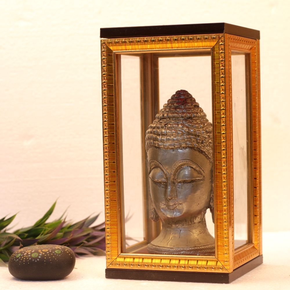 Serene Metal Buddha Head Idol in Wooden Frame | Zen Home Decor & Spiritual Gift - Image 3