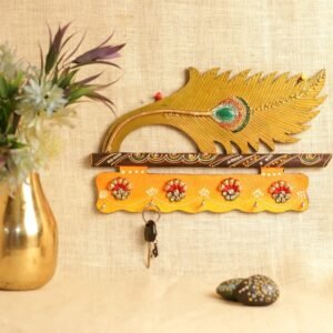 WOODEN KUNDAN PEACOCK FEATHER KEY STAND