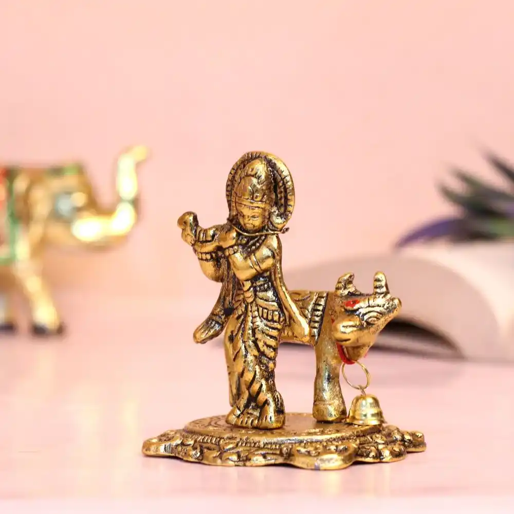 Metal Krishna With Cow - Image 3
