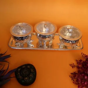 Silver Tray With 3 Elephant Bowl