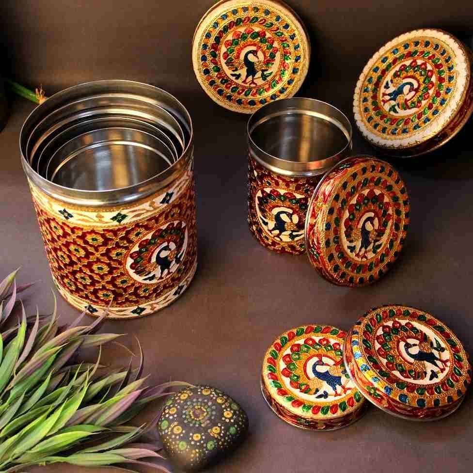 Meenakari Printed Peacock Dibba Set Of 5 - Image 3