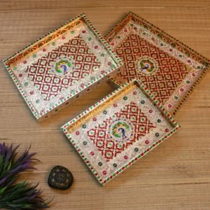 WOODEN MEENAKARI TRAY SET OF 3