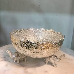 Urli || Brass Elephant Urli || Silver Lotus Bowl on Elephant – Luxury Pooja & Serveware