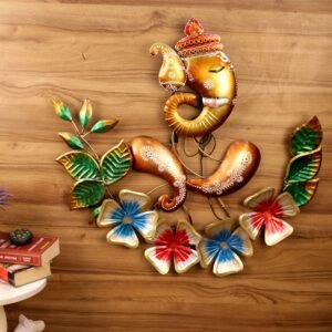 Golden Iron Ganesha with Floral Wall Art | Auspicious Festive Decor