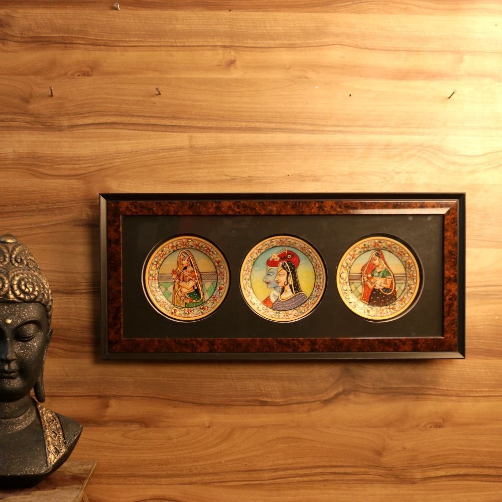 Wooden Framed Triptych of Marble Miniature Paintings 25x12 | Royal Art Panel - Image 3