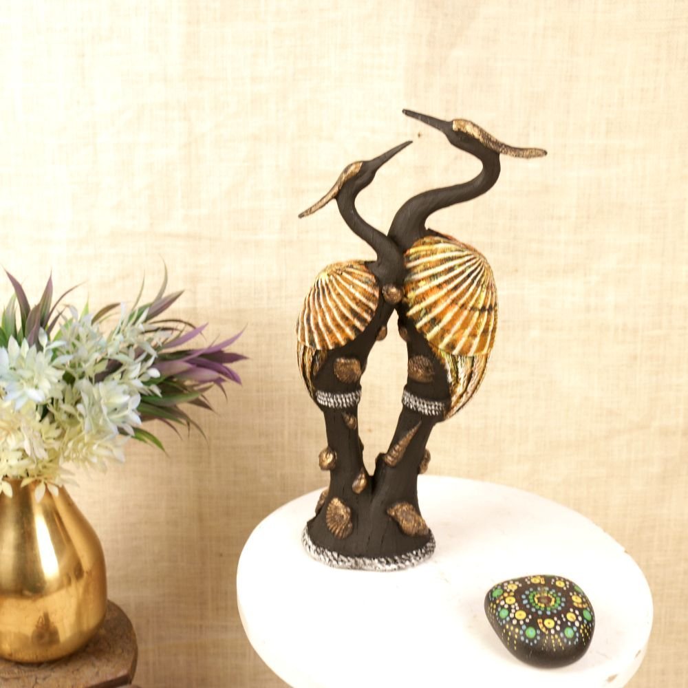 Elegant Black & Gold Resin Loving Crane / Swan Pair 13 in | Symbol of Loyalty