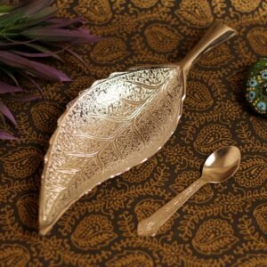 Brass Leaf-Shaped Serving Tray with Spoon