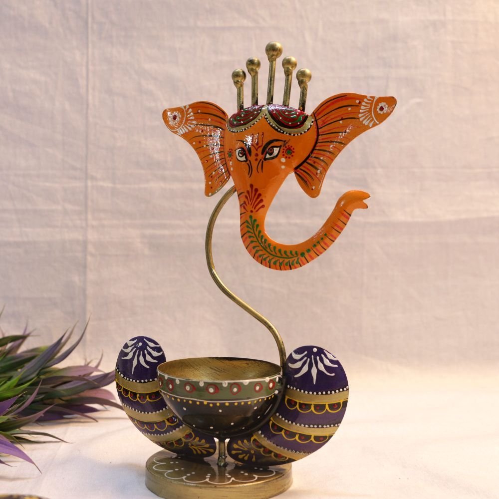 Hand-Painted Ganesha Diya Stand - 10 ′′ Iron God Idol for Auspicious Diwali Decor - Image 2