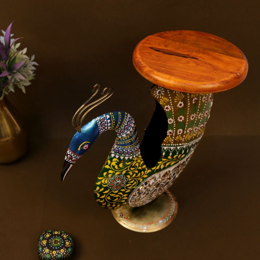 Hand-Painted Peacock Pedestal - 13.5 ′′ Iron Side Table for Auspicious Decor - Image 3