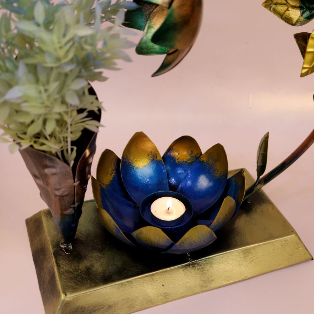 26 ′′ Long Metal Lotus Centerpiece - Floral Tea Light Holder with Decorative Vase - Image 3
