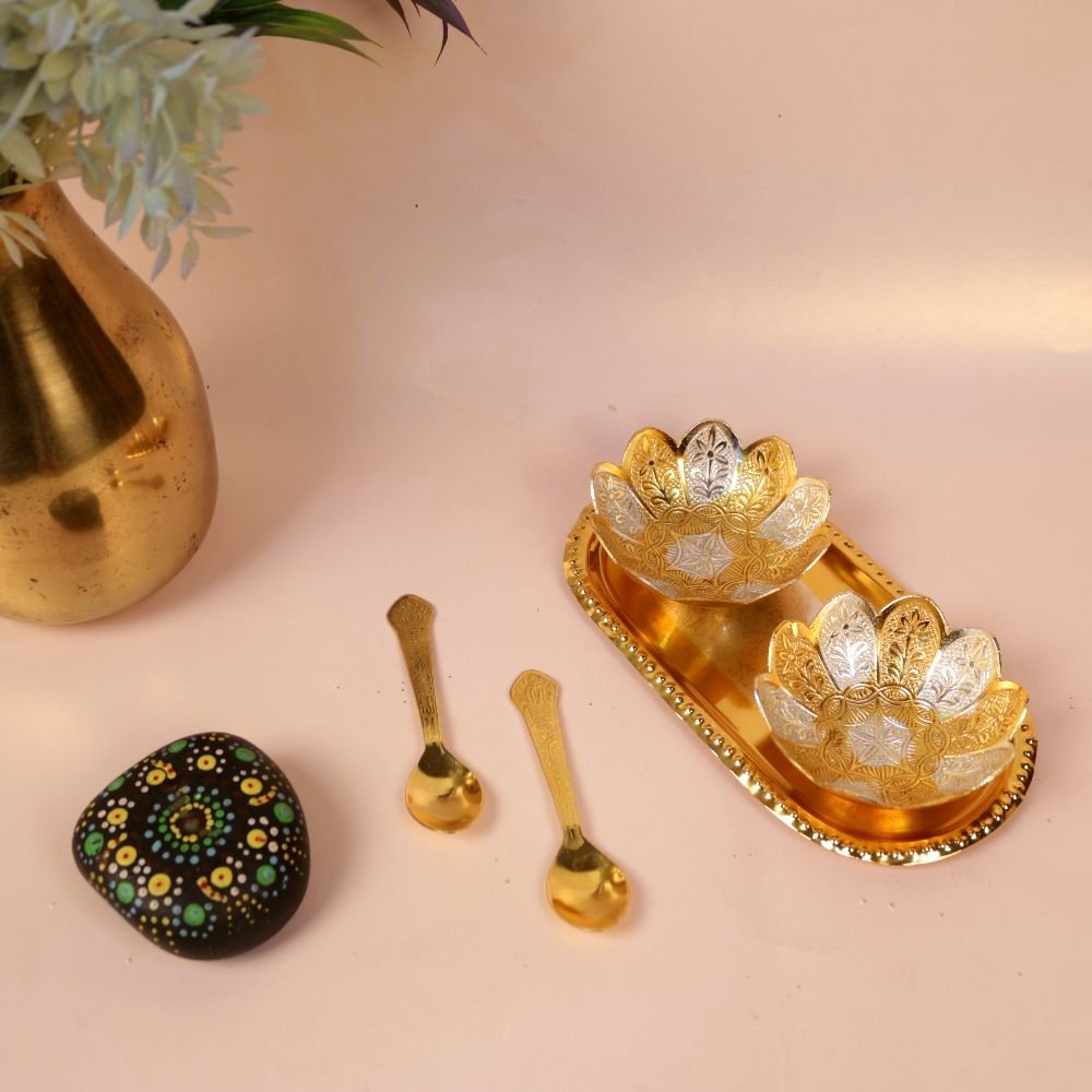 Gold-Plated Lotus Diya Bowl Set