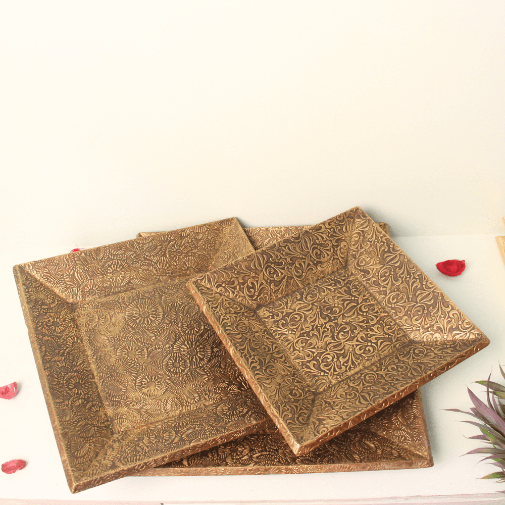 Wooden and Brass Tray Set - Image 4