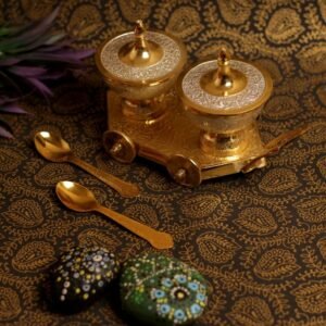 Brass Tea Caddy with Two Bowls and Spoons