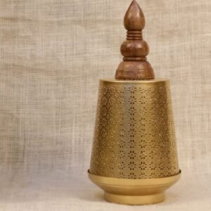 Golden Jali Lantern with Wood Finial – 10 ′′ Iron Lamp for Diwali and Festive Decor