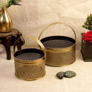 Handcrafted Iron Jali Baskets with Handle (Set of 2) | Decorative Gift & Storage Totes