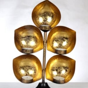 Golden Leaf Tea Light Tree – Tiered Metal Diya Stand for Festive Deco