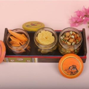 Handpainted Wooden Dry Fruit Tray with Jars