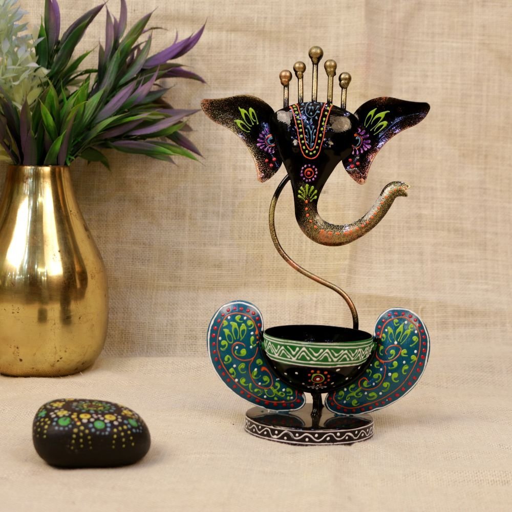 Hand-Painted Ganesha Candle Stand - 11 ′′ Iron God Idol for Diwali Festive Decor - Image 3
