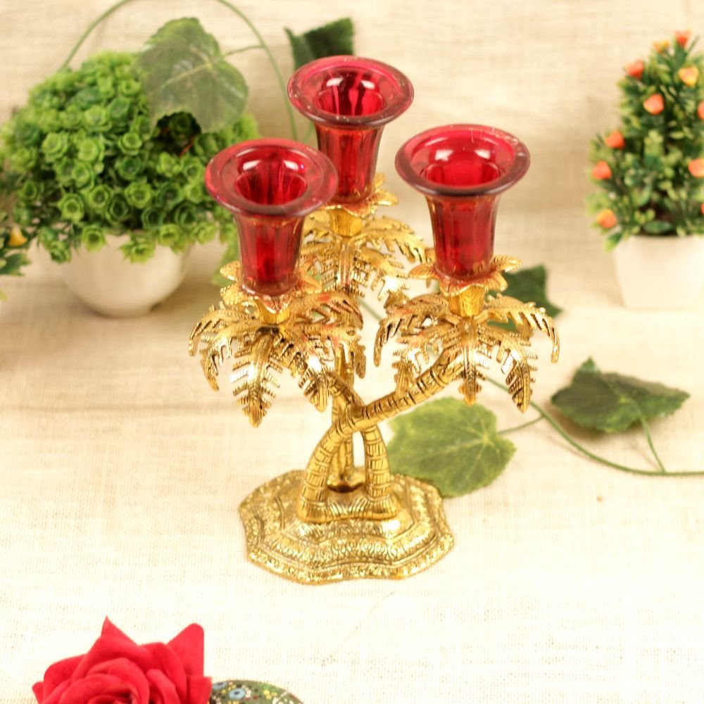 Golden Palm Tree Candelabra - 3-Light Metal & Red Glass Festive Decor - Image 3
