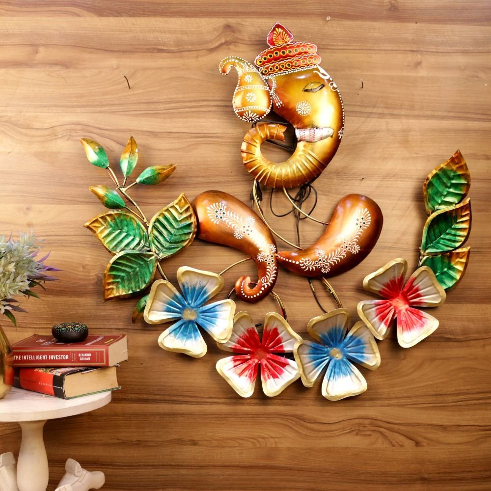Golden Iron Ganesha with Floral Wall Art | Auspicious Festive Decor - Image 2