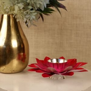 Vibrant Red Lotus Diya Holder – Metal Lamp with Silver Plated Center for Diwali Decor
